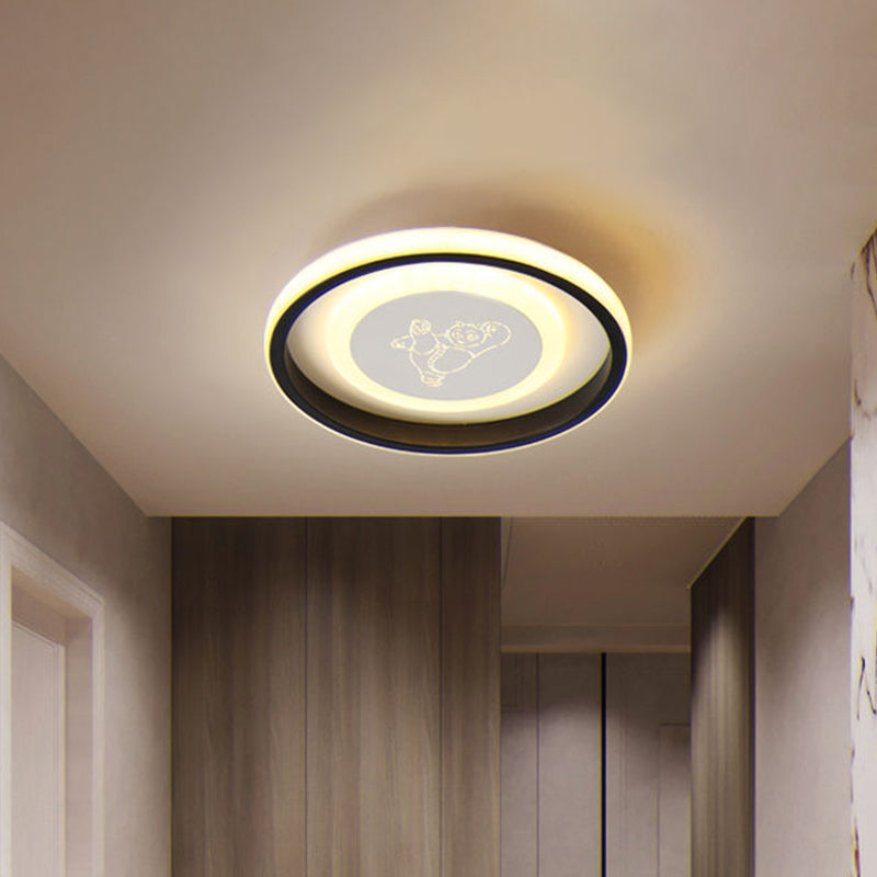 Circular LED Flush Light Fixture Cartoon Acrylic Black Ceiling Mount Lamp with Smile/Anchor/Panda Pattern