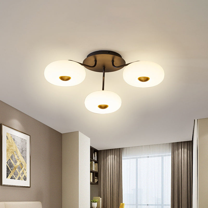 Black Branched Semi Flush Chandelier Modern 3 Bulbs Metal Ceiling Light with Round Acrylic Shade, White/3 Color Light