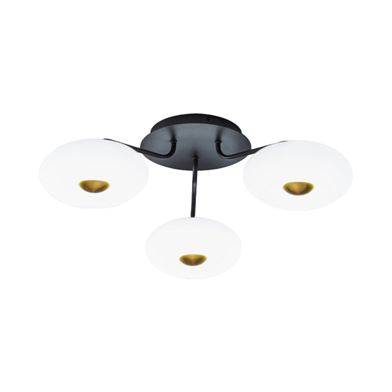 Black Branched Semi Flush Chandelier Modern 3 Bulbs Metal Ceiling Light with Round Acrylic Shade, White/3 Color Light