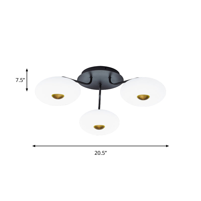 Black Branched Semi Flush Chandelier Modern 3 Bulbs Metal Ceiling Light with Round Acrylic Shade, White/3 Color Light