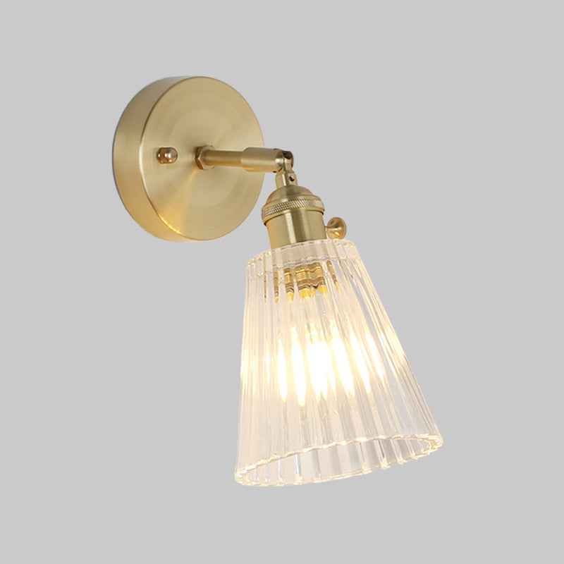Conical Rotating Wall Light Kit Postmodern Clear Ribbed/Grid Glass 1 Light Gold Wall Mounted Lamp