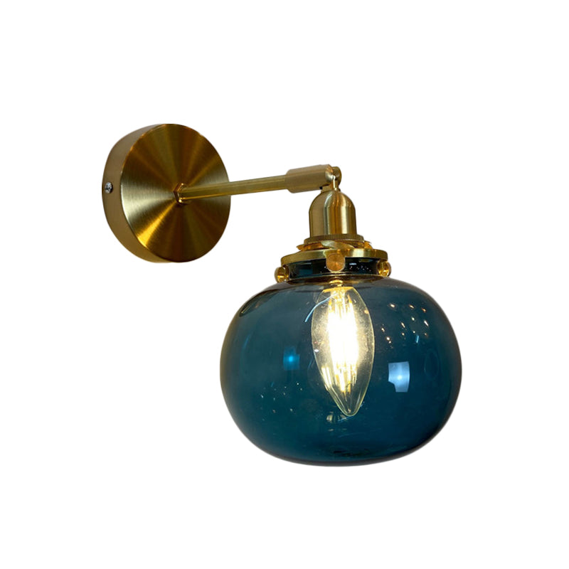 Single-Bulb Bedroom Wall Lamp Postmodern Gold Rotatable Wall Light Sconce with Oval/Diamond/Ruffled Blue/Clear/Green Glass Shade