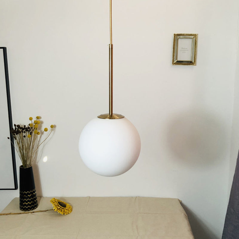 Simple Ball Shaped Drop Pendant White Glass 1 Light 6"/8"/10" Dia Bedroom Pendulum Light in Brass