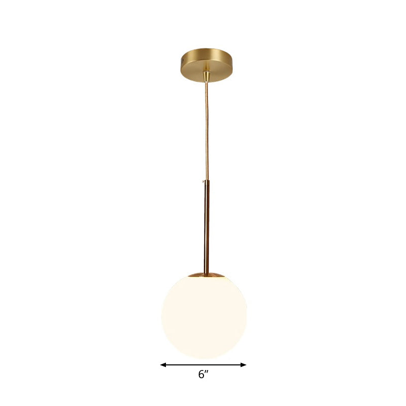 Simple Ball Shaped Drop Pendant White Glass 1 Light 6"/8"/10" Dia Bedroom Pendulum Light in Brass