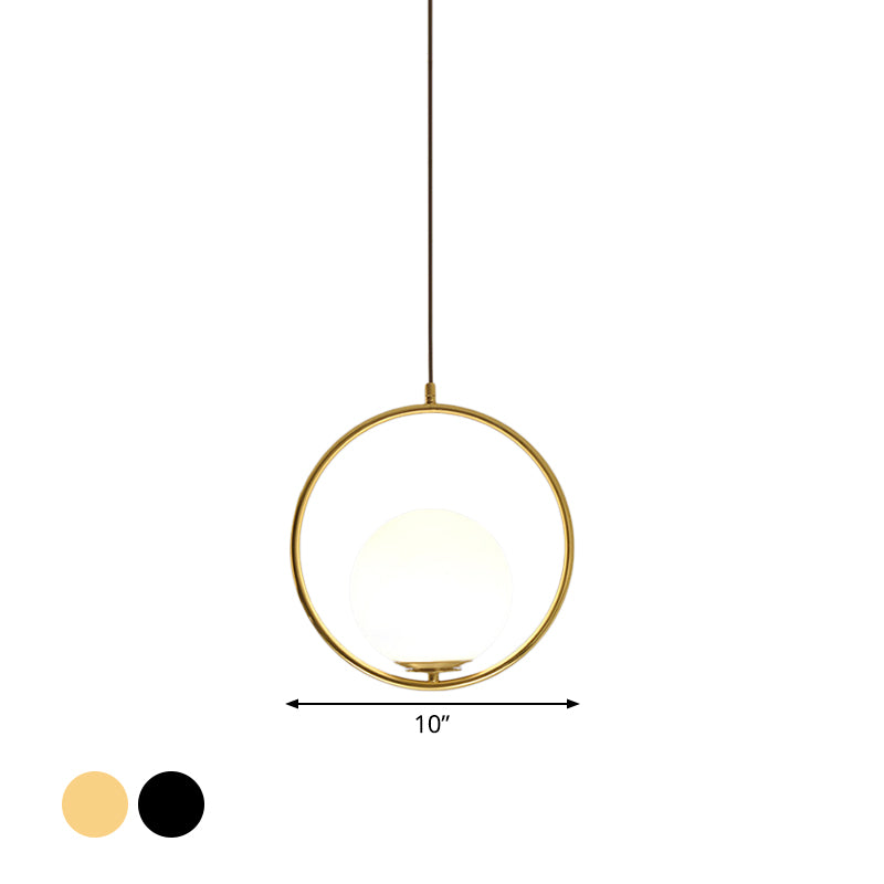 Sfera nera/oro Lampada sospesa Postmoderna Single glassata in vetro bianco Apparecchiatura a sospensione ad anelli a sospensione, 10 "/12"/14 "W