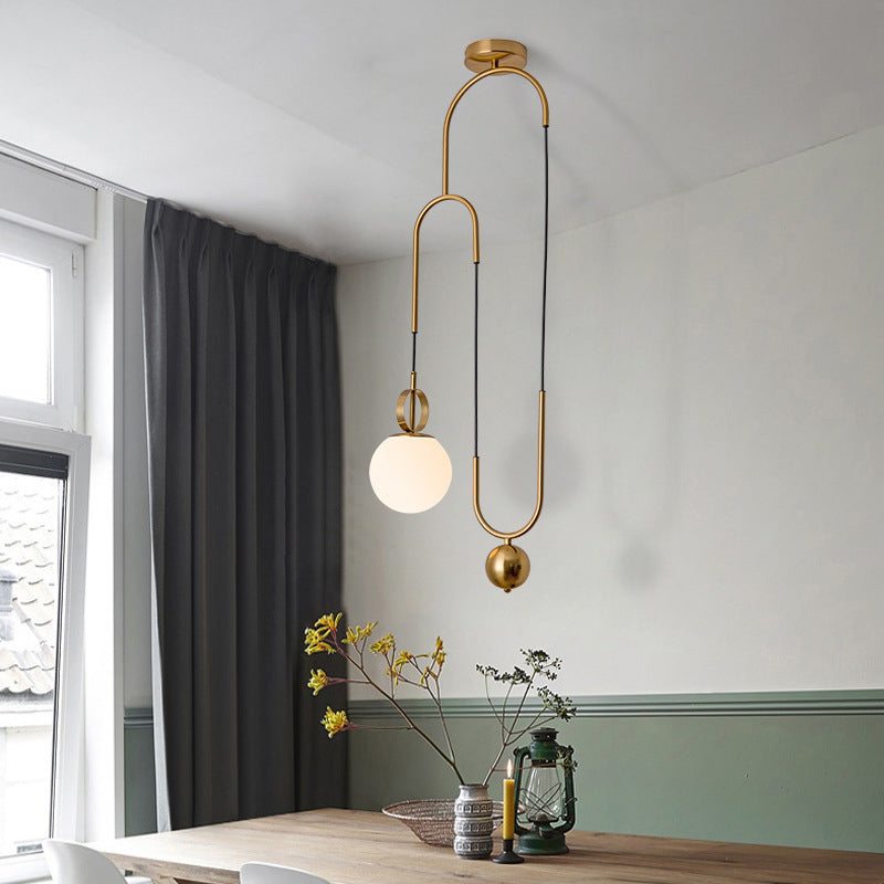 Opaline Glass Ball Shade Pendant Light Kit Postmodern 1-Light Hanging Lamp with Pulley in Gold