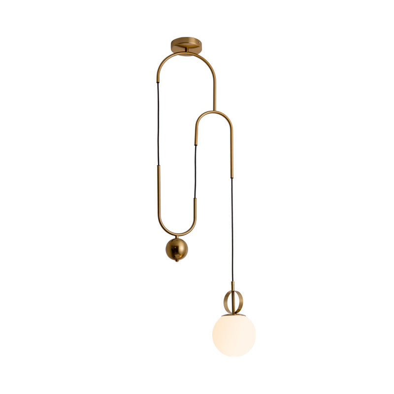 Opaline Glass Ball Shade Pendant Light Kit Postmodern 1-Light Hanging Lamp with Pulley in Gold