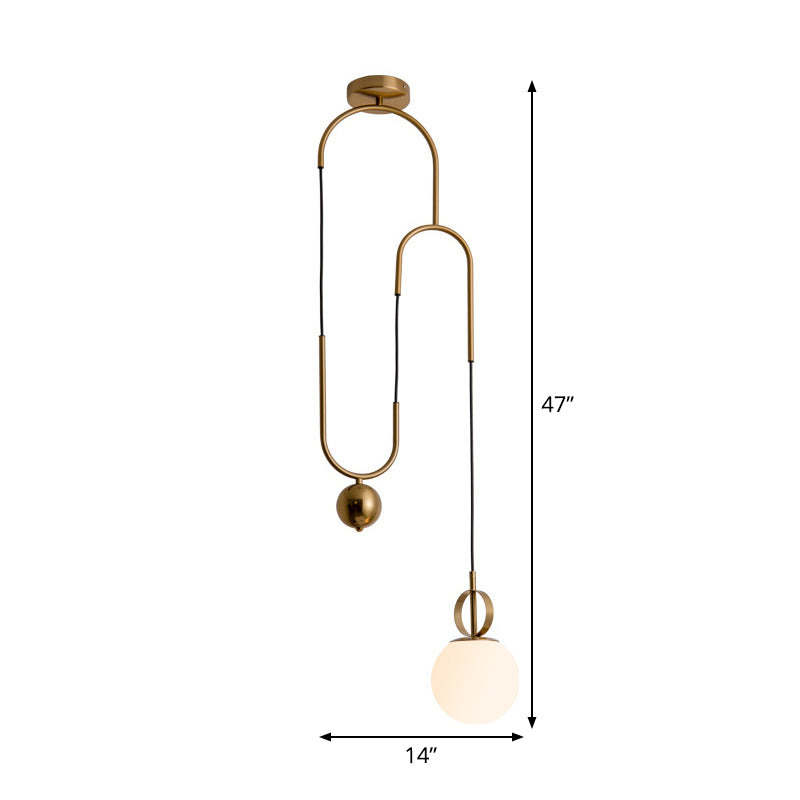 Opaline Glass Ball Shade Pendant Light Kit Postmodern 1-Light Hanging Lamp with Pulley in Gold