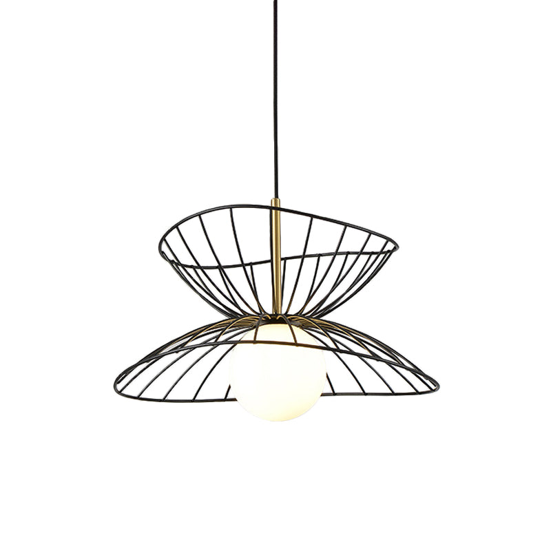 Black/Gold Double-Flared Pendulum Light Modern 1 Head Metal Ceiling Pendant Lamp with Ball Opal Glass Bottom
