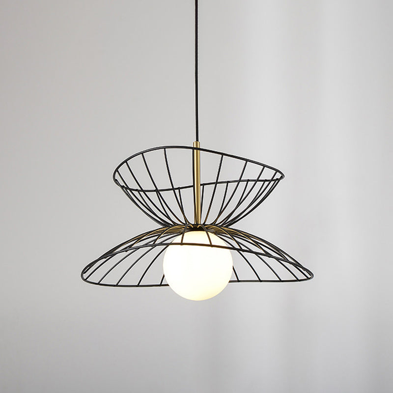Black/Gold Double-Flared Pendulum Light Modern 1 Head Metal Ceiling Pendant Lamp with Ball Opal Glass Bottom