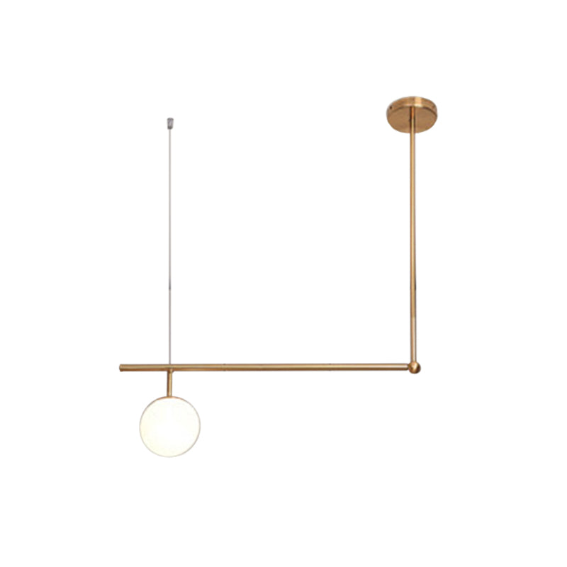 Right Angled Bar Hanging Light Kit Metal 1/2-Light Minimalist Pendant Lamp in Gold with Ball Opal Glass Shade