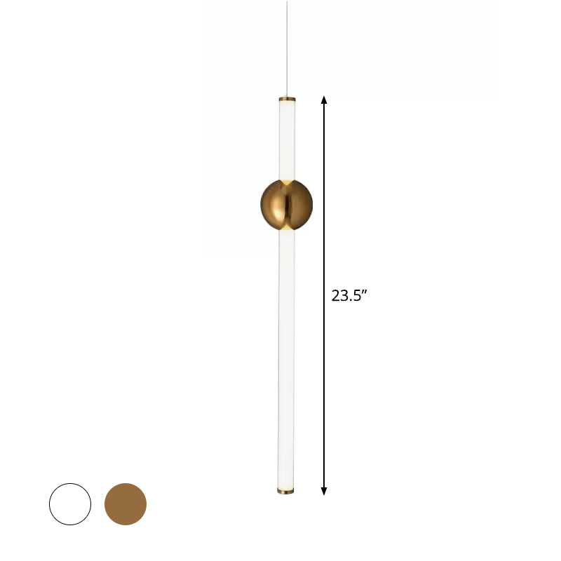 1-Head Bedside Drop Pendant Postmodern Gold/Clear Hanging Light with Tubular Frosted White Glass Shade