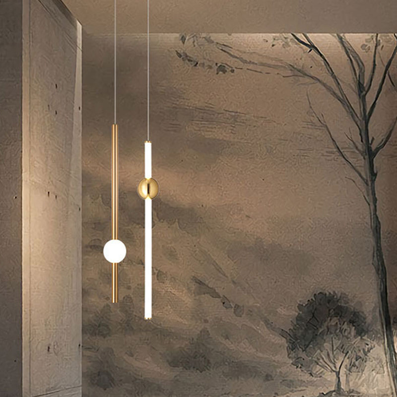 1-Head Bedside Drop Pendant Postmodern Gold/Clear Hanging Light with Tubular Frosted White Glass Shade