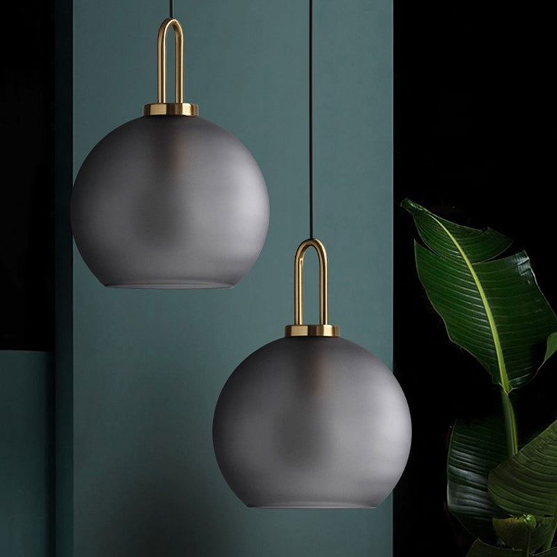 Frosted Smoky Grey Glass Sphere Pendant Modern Single-Bulb Brass Ceiling Hang Light with Handle, 8"/10"/12" Wide