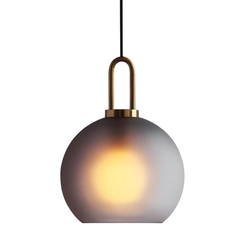 Frosted Smoky Grey Glass Sphere Pendant Modern Single-Bulb Brass Ceiling Hang Light with Handle, 8"/10"/12" Wide