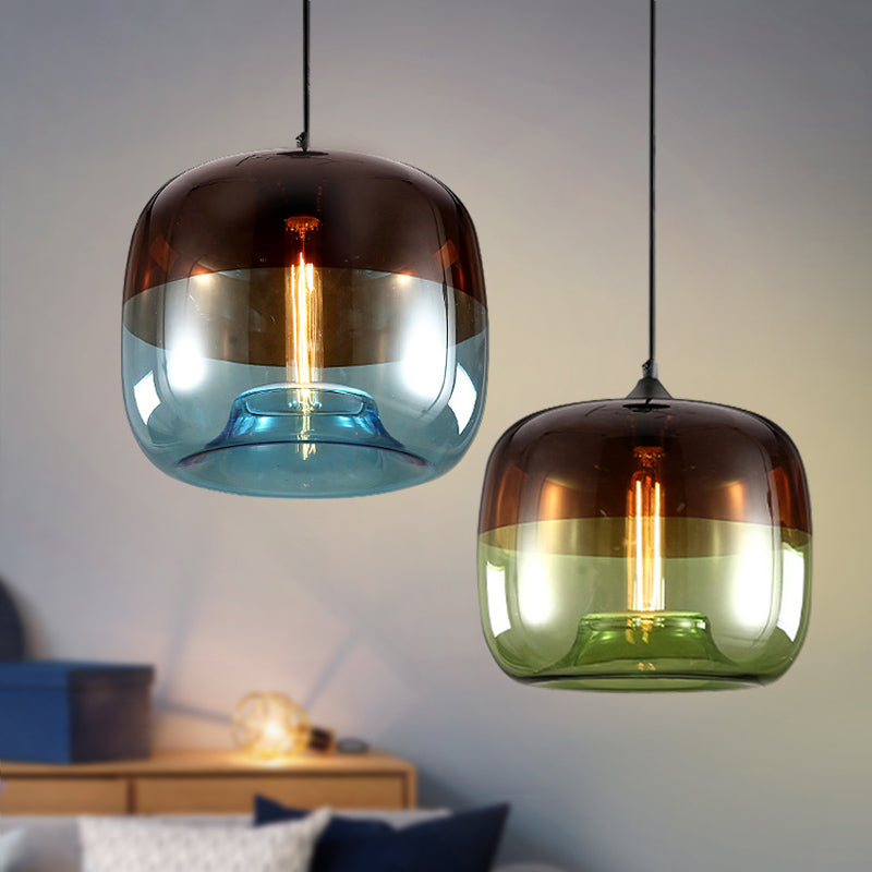Drum Pendant Ceiling Light Postmodern Blue/Green-Brown Glass 1 Bulb Dining Room Suspension Lamp with Recessed Bottom