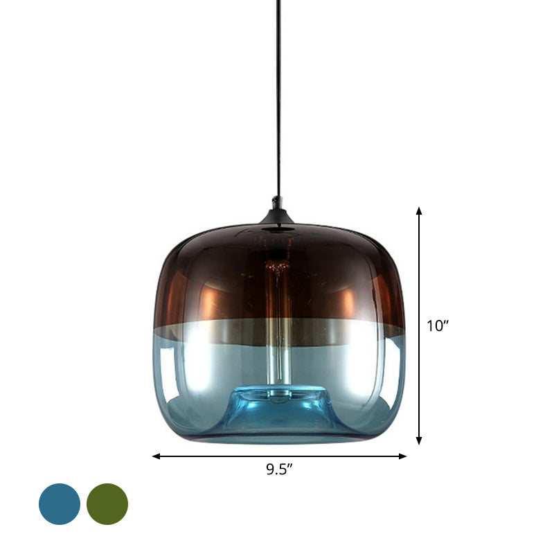 Drum Pendant Ceiling Light Postmodern Blue/Green-Brown Glass 1 Bulb Dining Room Suspension Lamp with Recessed Bottom