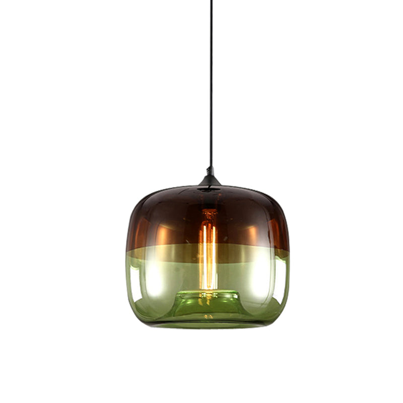 Drum Pendant Ceiling Light Postmodern Blue/Green-Brown Glass 1 Bulb Dining Room Suspension Lamp with Recessed Bottom