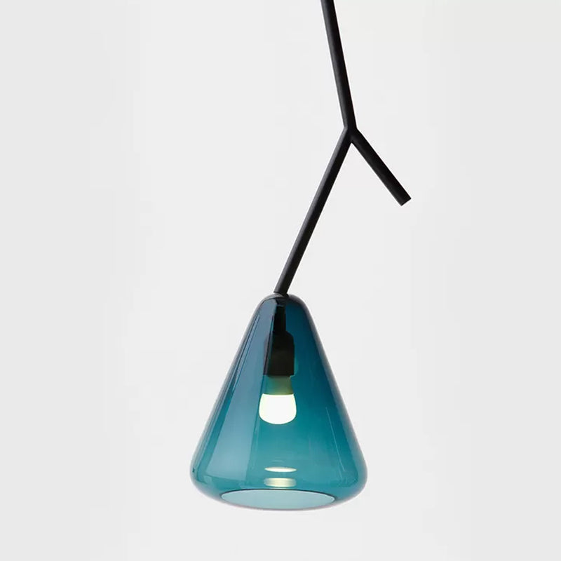 Zwart vertakking naar beneden verlichting hanger Noordse 1 lamp metalen gesuspendeerd verlichtingsarmatuur met conische blauw/zwart/wit glasschaduw