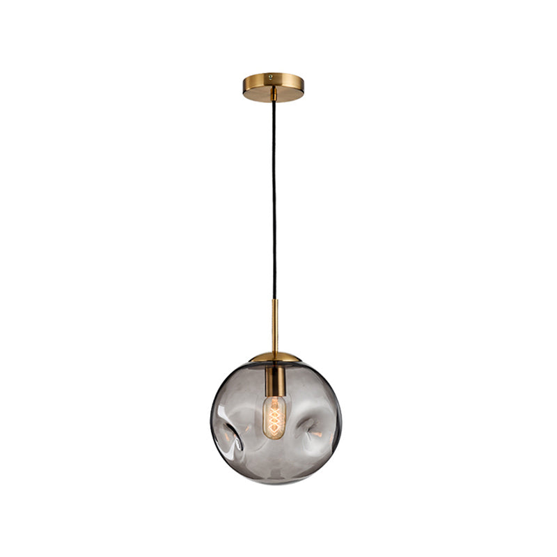 Dimpled Sphere Ceiling Pendant Modern Cognac/Smoke Grey Glass 1 Head Brass Hanging Light Fixture for Living Room