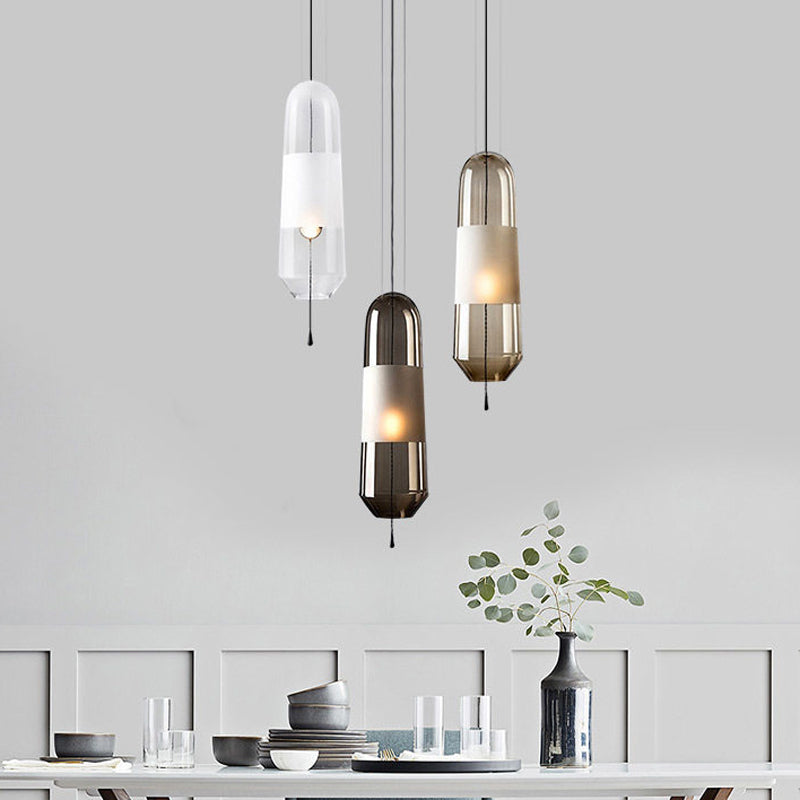 1 Bulb Bedroom Down Lighting Postmodern Black Hanging Pendant with Capsule Clear/Smoke/Amber Glass Shade