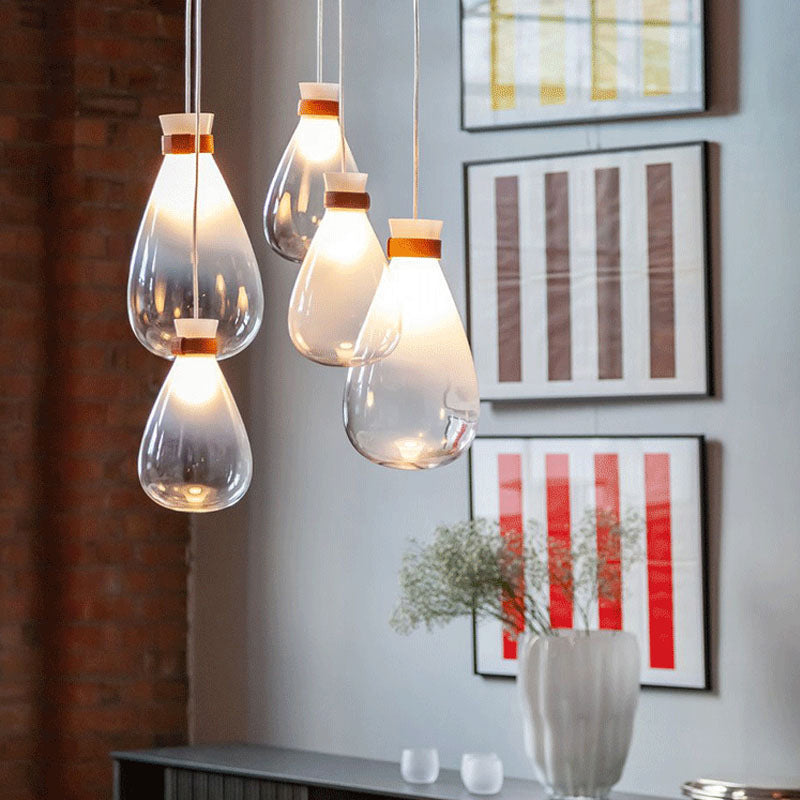 Druppel keukenbar drop hangers rook grijs/wit ombre glas 1 kop moderne hangende lamp met lederen nekband, 7 "/8,5" w