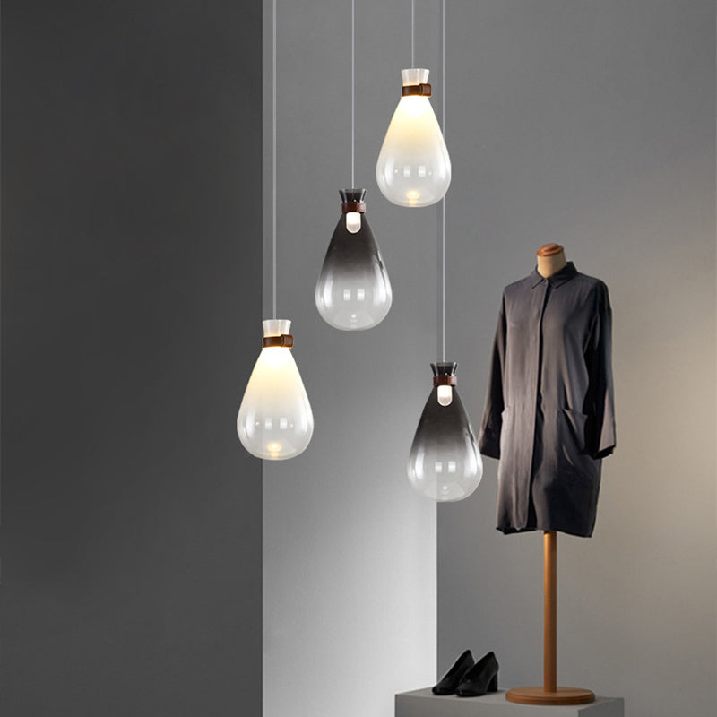 Druppel keukenbar drop hangers rook grijs/wit ombre glas 1 kop moderne hangende lamp met lederen nekband, 7 "/8,5" w