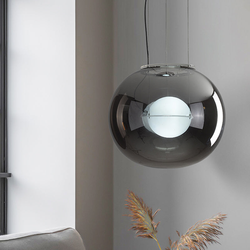 Postmoderne double globe hanglight wit/rood/rookgrijs glas 1 bol keuken hanglamp met buitenkant acryl schaduw, 12 "/16" w