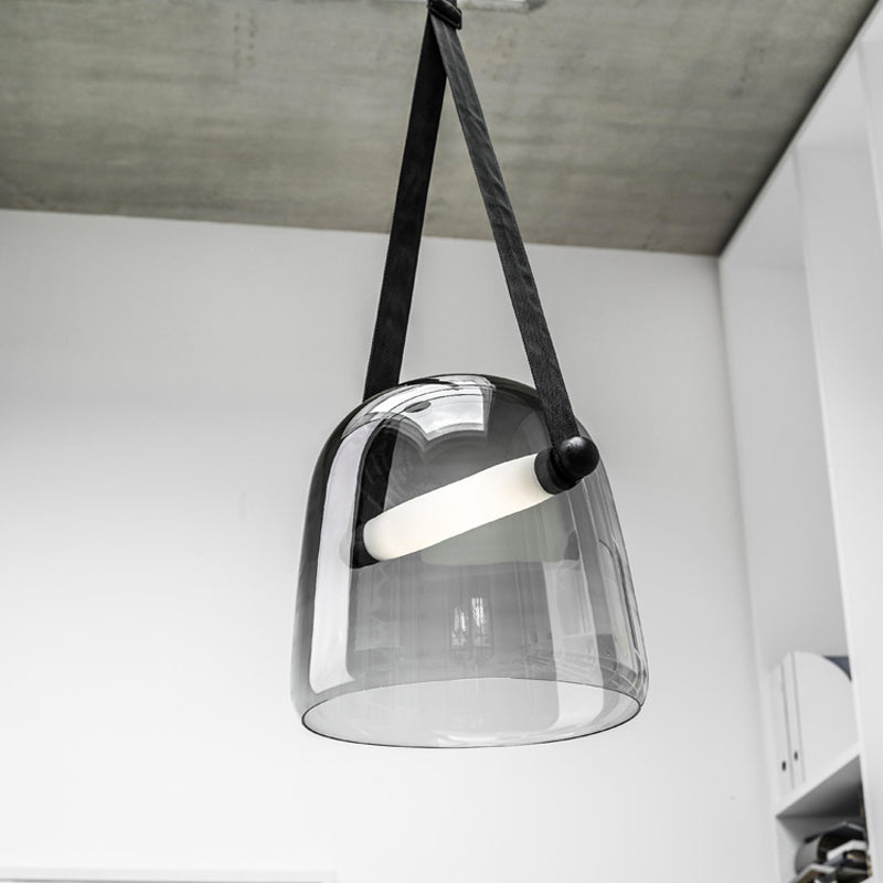 Cream/Smoke Grey Glass Cloche Pendant Postmodern 1 Bulb Black/Beige Hanging Ceiling Light with Buckle Strap