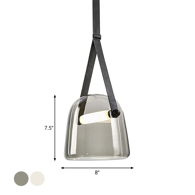 Cream/Smoke Grey Glass Cloche Pendant Postmodern 1 Bulb Black/Beige Hanging Ceiling Light with Buckle Strap