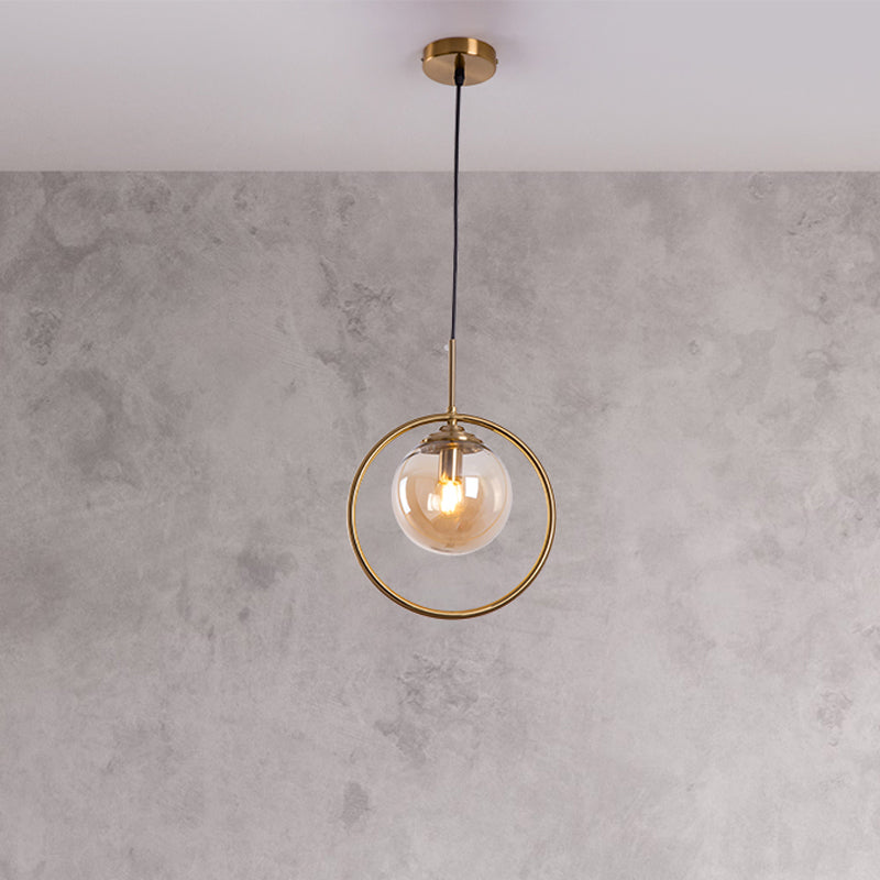 Globe Down Lighting Pendant Postmodern Clear/Amber/Smoke Grey Glass Single-Bulb Bedroom Suspension Light with Brass Ring