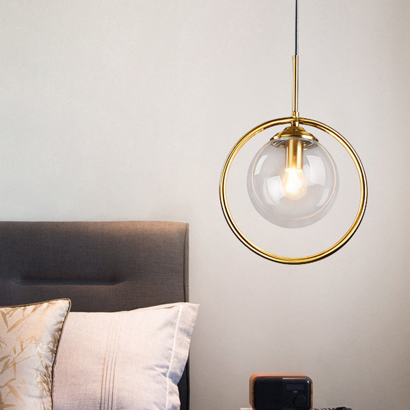 Globe Down Lighting Pendant Postmodern Clear/Amber/Smoke Grey Glass Single-Bulb Bedroom Suspension Light with Brass Ring
