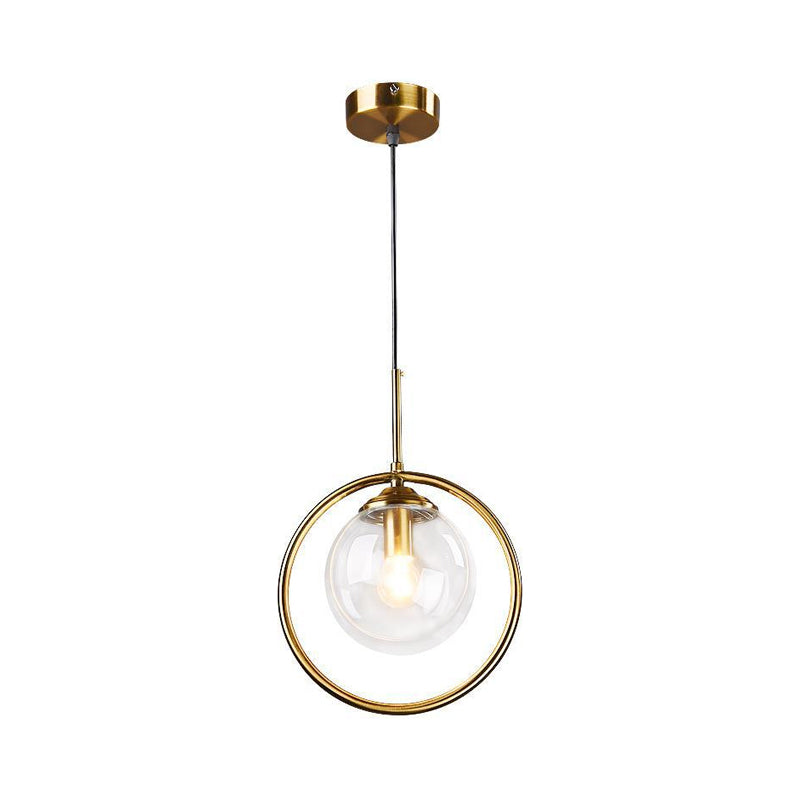 Globe Down Lighting Pendant Postmodern Clear/Amber/Smoke Grey Glass Single-Bulb Bedroom Suspension Light with Brass Ring