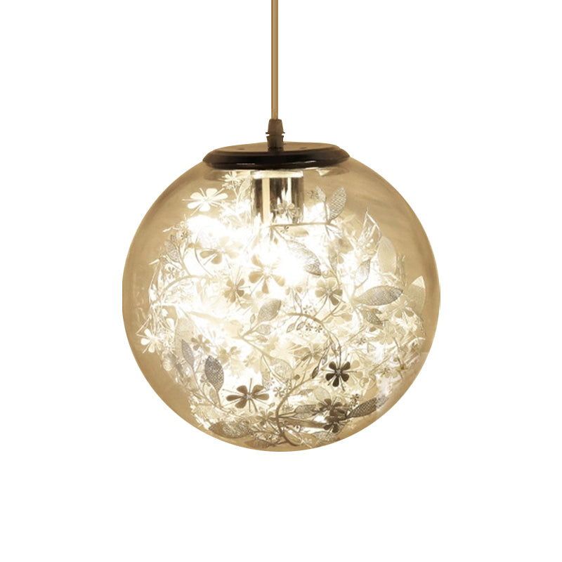 Globe Clear Glass Pendulum Light Modern 1 Head Silver/Gold Ceiling Hang Lamp with Scattered Flower Decor