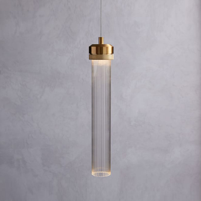 Clear Fluted Glass Tube Pendant Light Simplicity 1 Bulb Gold Hanging Ceiling Light over Dining Table