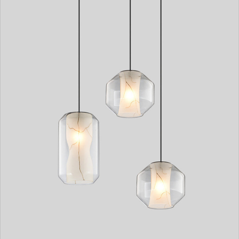 Pendante courbe blanche Curbe Light moderne Single Faux Marble Plafond Suspension Lampe avec bouteille extérieure / lanterne en verre transparent