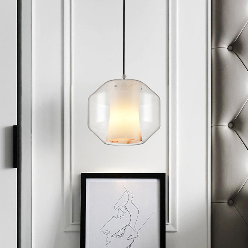 Pendante courbe blanche Curbe Light moderne Single Faux Marble Plafond Suspension Lampe avec bouteille extérieure / lanterne en verre transparent