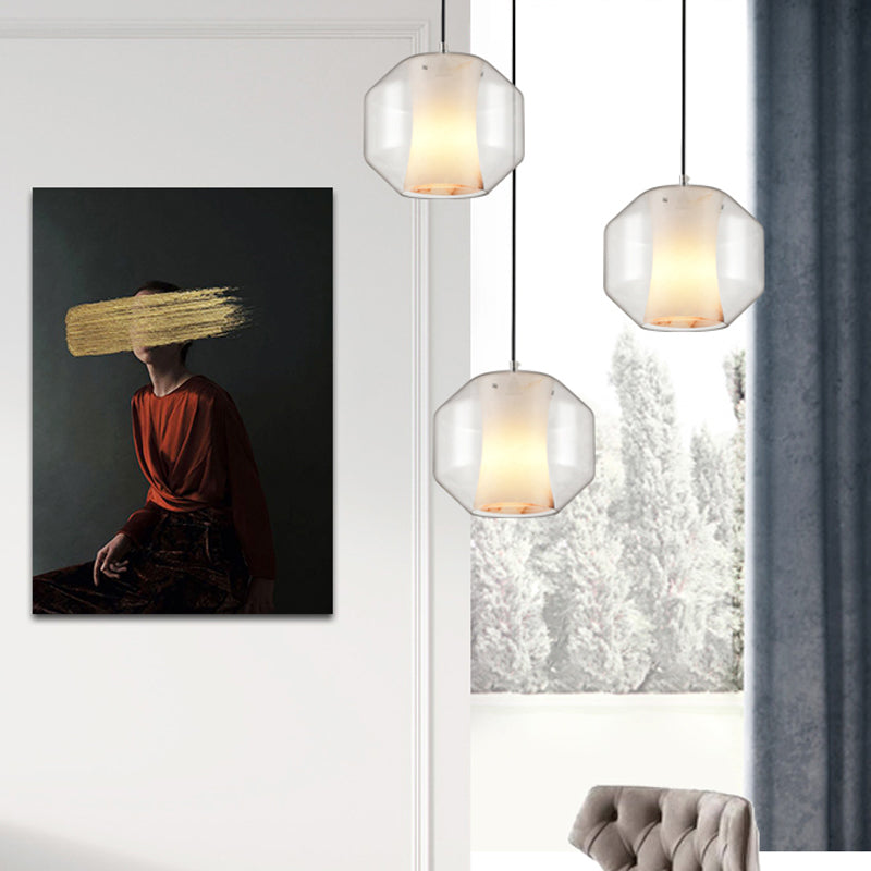 Pendante courbe blanche Curbe Light moderne Single Faux Marble Plafond Suspension Lampe avec bouteille extérieure / lanterne en verre transparent