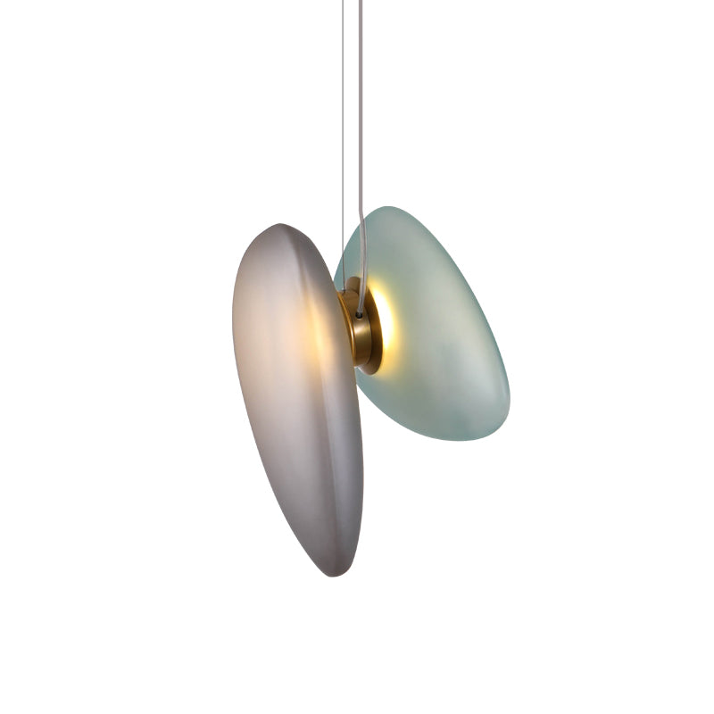 2 Bulbs Dining Room Pendant Light Post-Modern Brass Suspension Lighting with Pebble Light-Blue/Cream Glass Shade