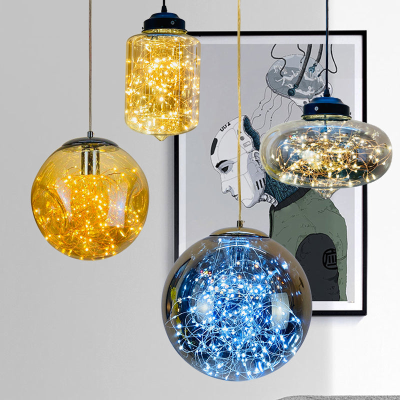 Sphere/Cylinder/Oval LED Ceiling Light Postmodern Smoke Grey Glass Chrome/Black Hanging Pendant Lamp for Dining Room