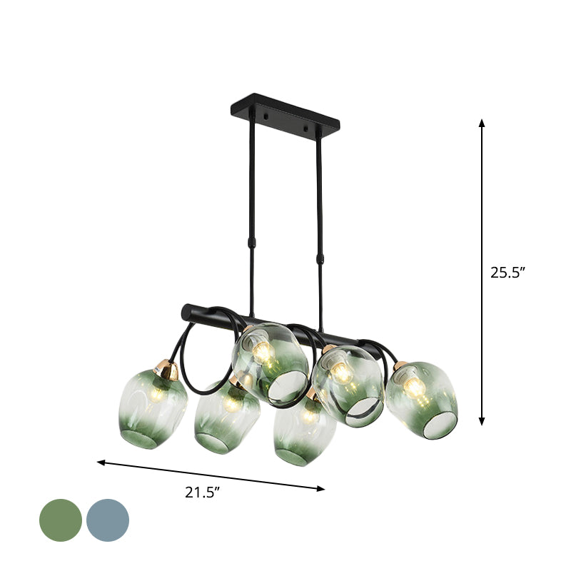 Wine Cup Island Light Modern Dimpled Blue/Green Ombre Glass 6/8/10-Head Black Suspended Lighting Fixture