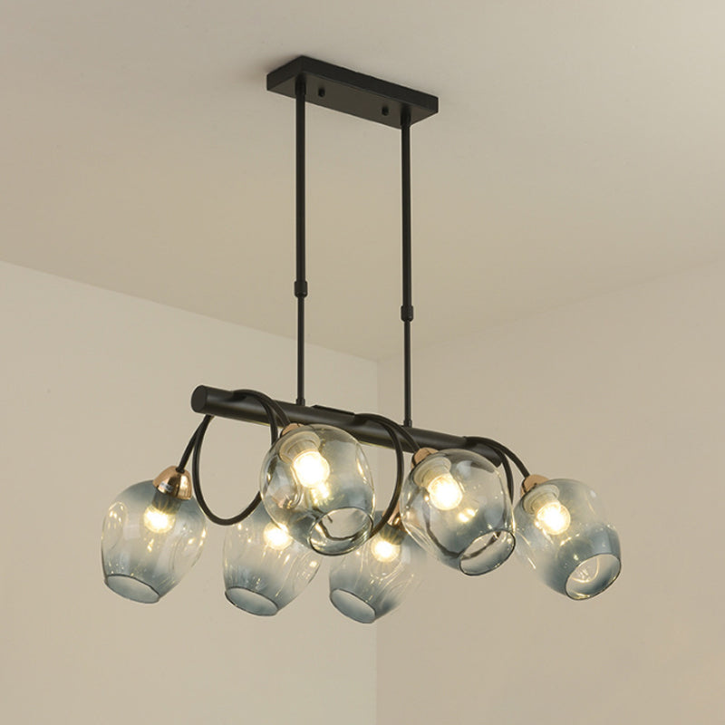 Wine Cup Island Light Modern Dimpled Blue/Green Ombre Glass 6/8/10-Head Black Suspended Lighting Fixture