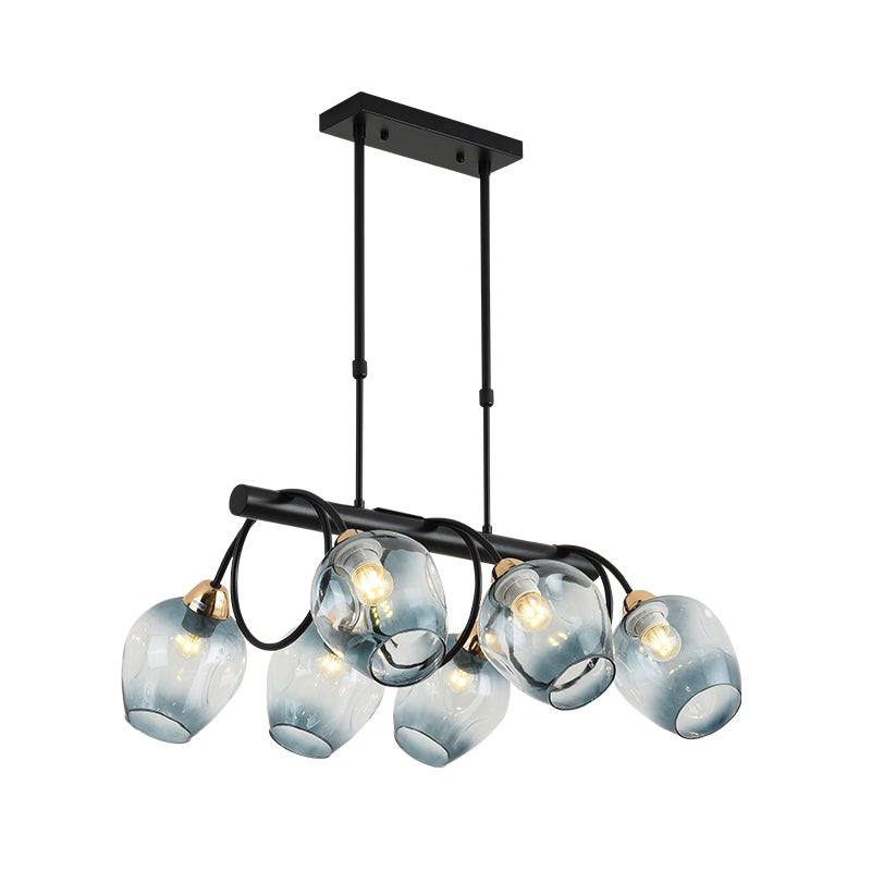 Wine Cup Island Light Modern Dimpled Blue/Green Ombre Glass 6/8/10-Head Black Suspended Lighting Fixture