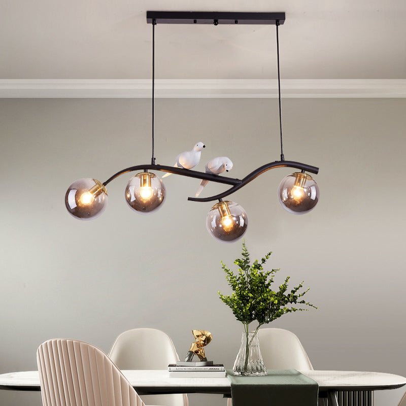 Metal Branch Hanging Lamp Contemporary 4-Light Black/Gold Island Pendant with Bird Deco and Smoke Grey/Cognac Glass Shade