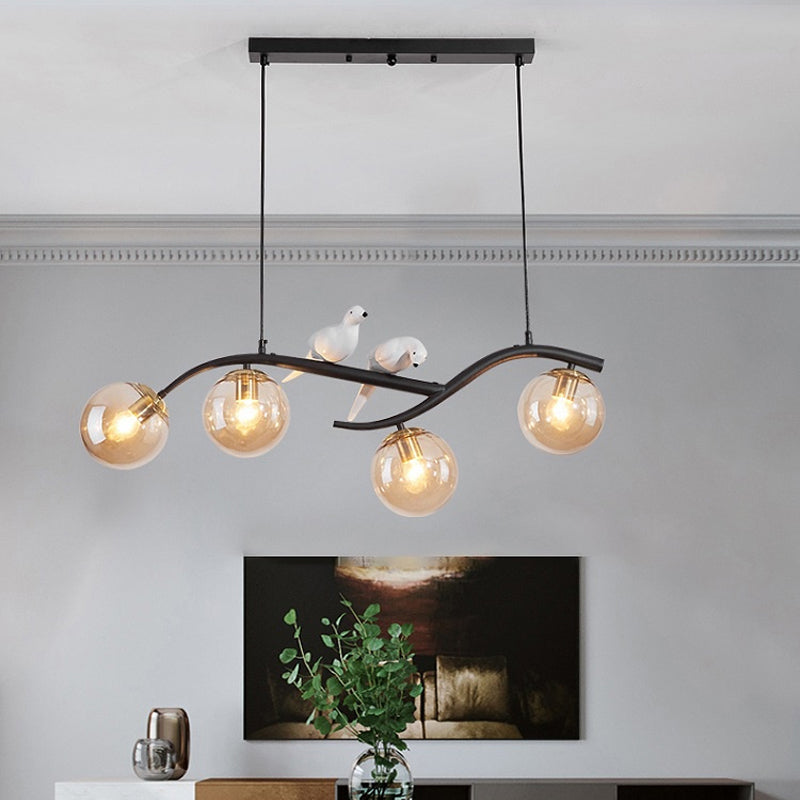 Metal Branch Hanging Lamp Contemporary 4-Light Black/Gold Island Pendant with Bird Deco and Smoke Grey/Cognac Glass Shade