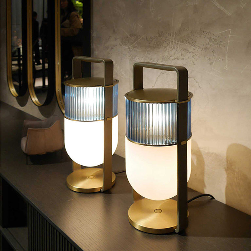 Lantern Handled Table Lamp Postmodern Frosted and Clear Ribbed Glass 1 Head Bedroom Nightstand Light in Black and Brass