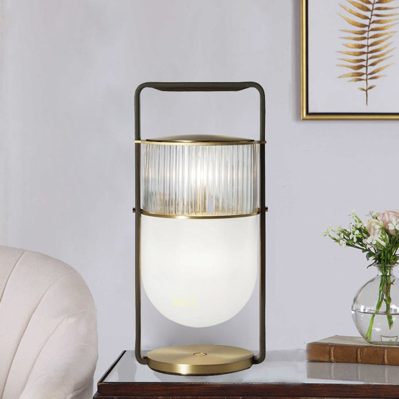 Lantern Handled Table Lamp Postmodern Frosted and Clear Ribbed Glass 1 Head Bedroom Nightstand Light in Black and Brass