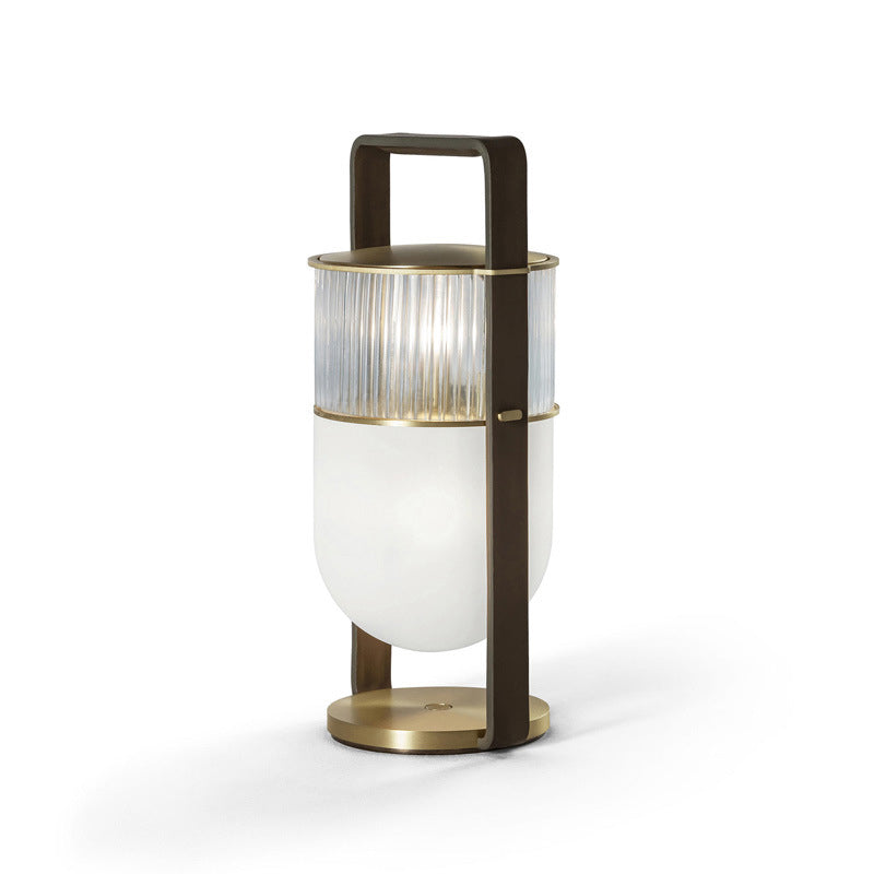 Lantern Handled Table Lamp Postmodern Frosted and Clear Ribbed Glass 1 Head Bedroom Nightstand Light in Black and Brass