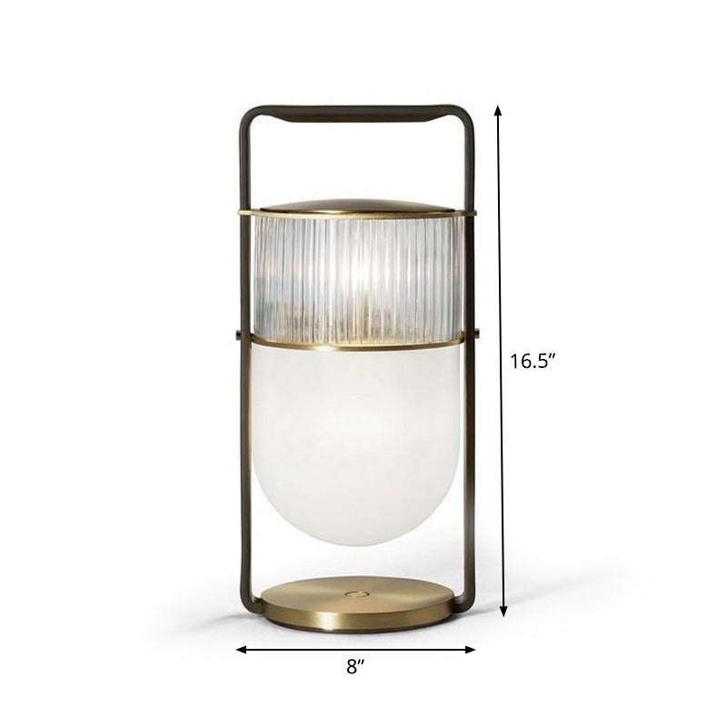 Lantern Handled Table Lamp Postmodern Frosted and Clear Ribbed Glass 1 Head Bedroom Nightstand Light in Black and Brass