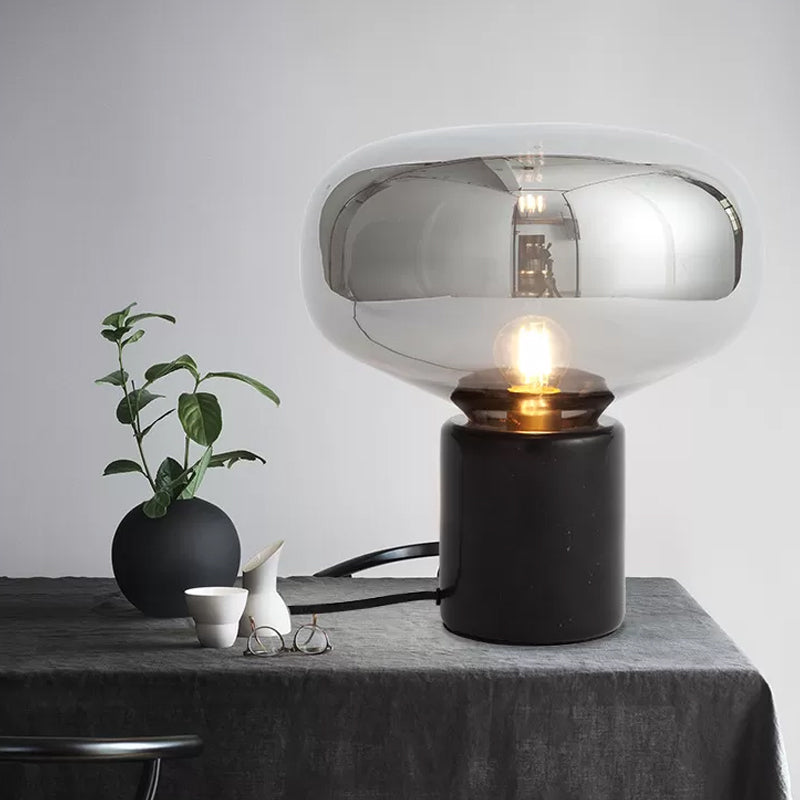 Ovale Living Room Table Light Polished Silver Glass 1 Bulb Postmodern Night Stand Lamp with Black Base